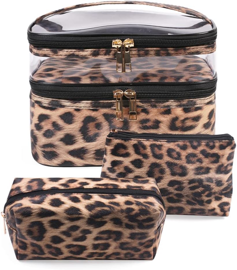 FITINI 3 Pieces Makeup Bags Double Layer Travel Large Leopard Cosmetic Cases Organizer Toiletry Bags Waterproof Small Zipper Pouch for Women Makeup Brush Storage Bag