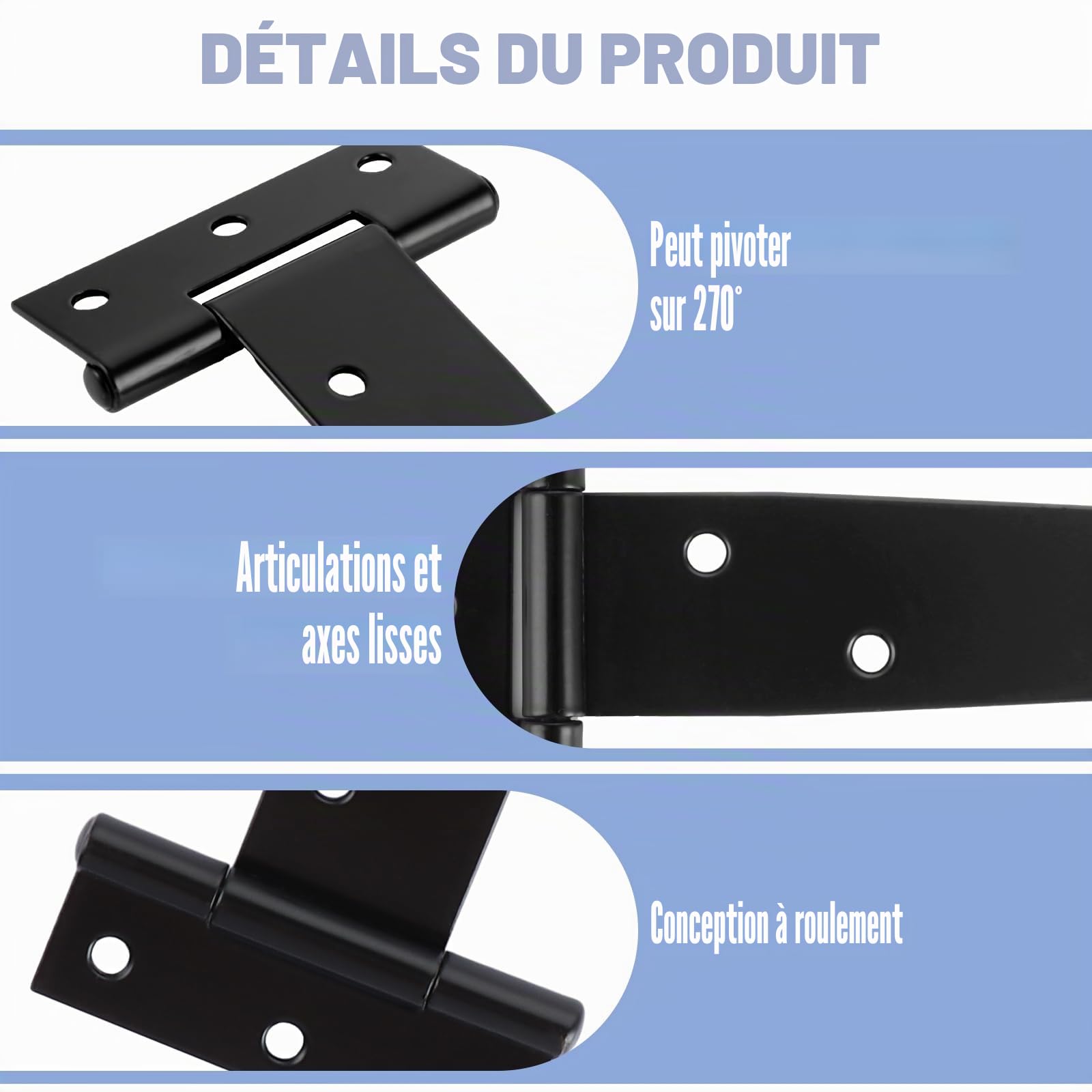8pcs 25cm Charnières de Porte en T, Charniere Porte Lourde en Métal Galvanisé, Charnières en T Noir 10 Pouces avec Vis pour Portes de Hangar, Portes de Jardin, Fenêtres