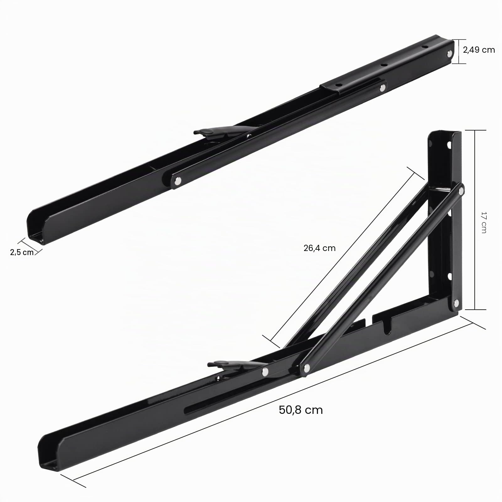 YUMORE Escuadras Abatibles 500mm,Soporte de Estante Plegable Pesado Negro Escuadras para Estanterias de Pared Bisagras Mesa Plegable Bricolaje Ahorrar Espacio, Carga Máxima 150Kg, 2Pcs