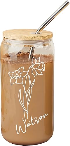 Miniatura 7 de Tazas de café helado personalizadas con tapas y pajitas, vidrio colorido, nombre personalizado y vaso de flor de nacimiento para ella, amiga,