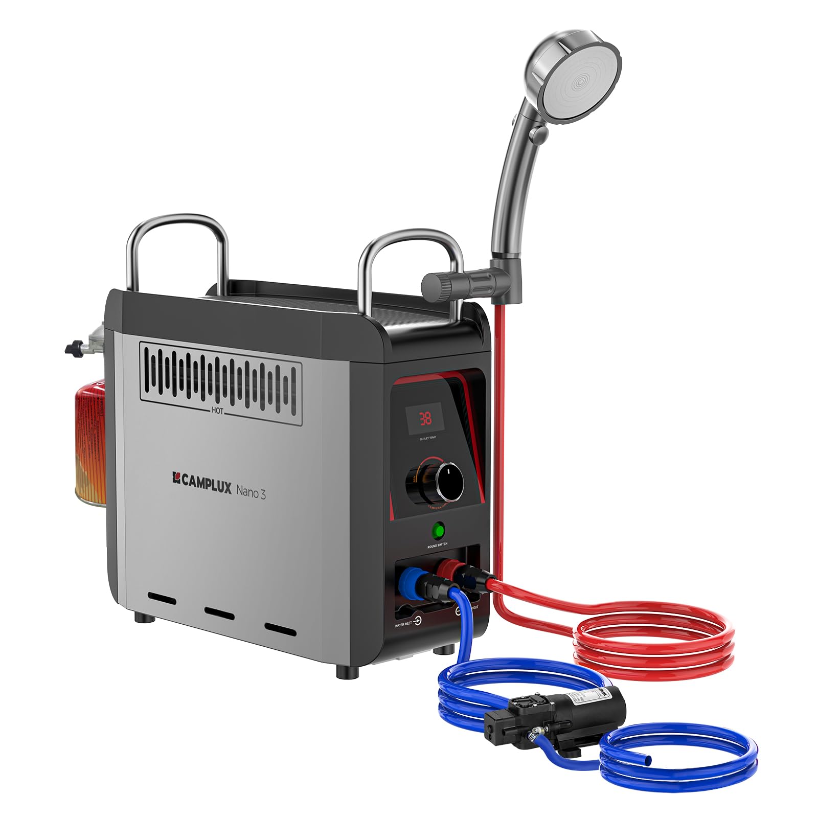 CAMPLUX Nano 3 - Calentador de Agua de Gas de 3 l/min con Bomba, Butano (28-30 mbar)