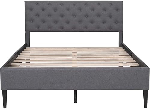 Miniatura 12 de Base de cama tapizada de lino de tamaño matrimonial con cabecera cómoda, plataforma moderna de mediados de siglo con soporte de listones de madera