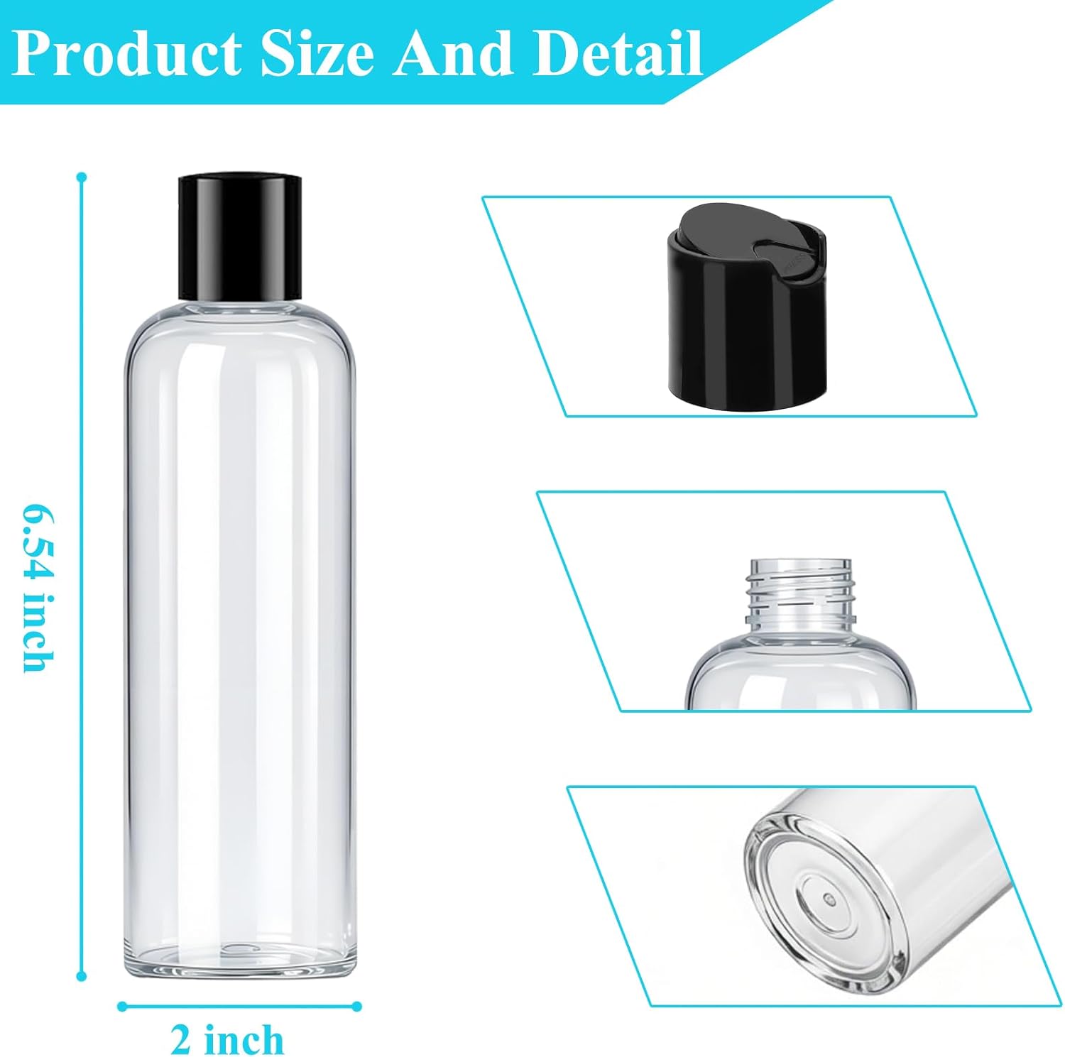 48 Pack 8oz Travel Size Bottles Leak Proof Squeeze Refillable Clear Toiletries and Shampoo Liquid Containers with Black Disc Cap
