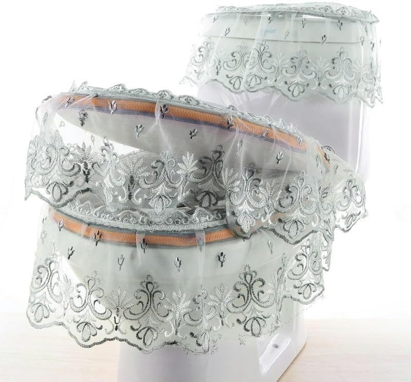 Toilet Lid Cover Set,3pcs/Set Silver Toilet Lid Cover Set Lace Flowers Toilet Lid & Tank Covers Toilet Seat Cover Toilet Seat Cushion Pads Washable(Silver)(Groen)