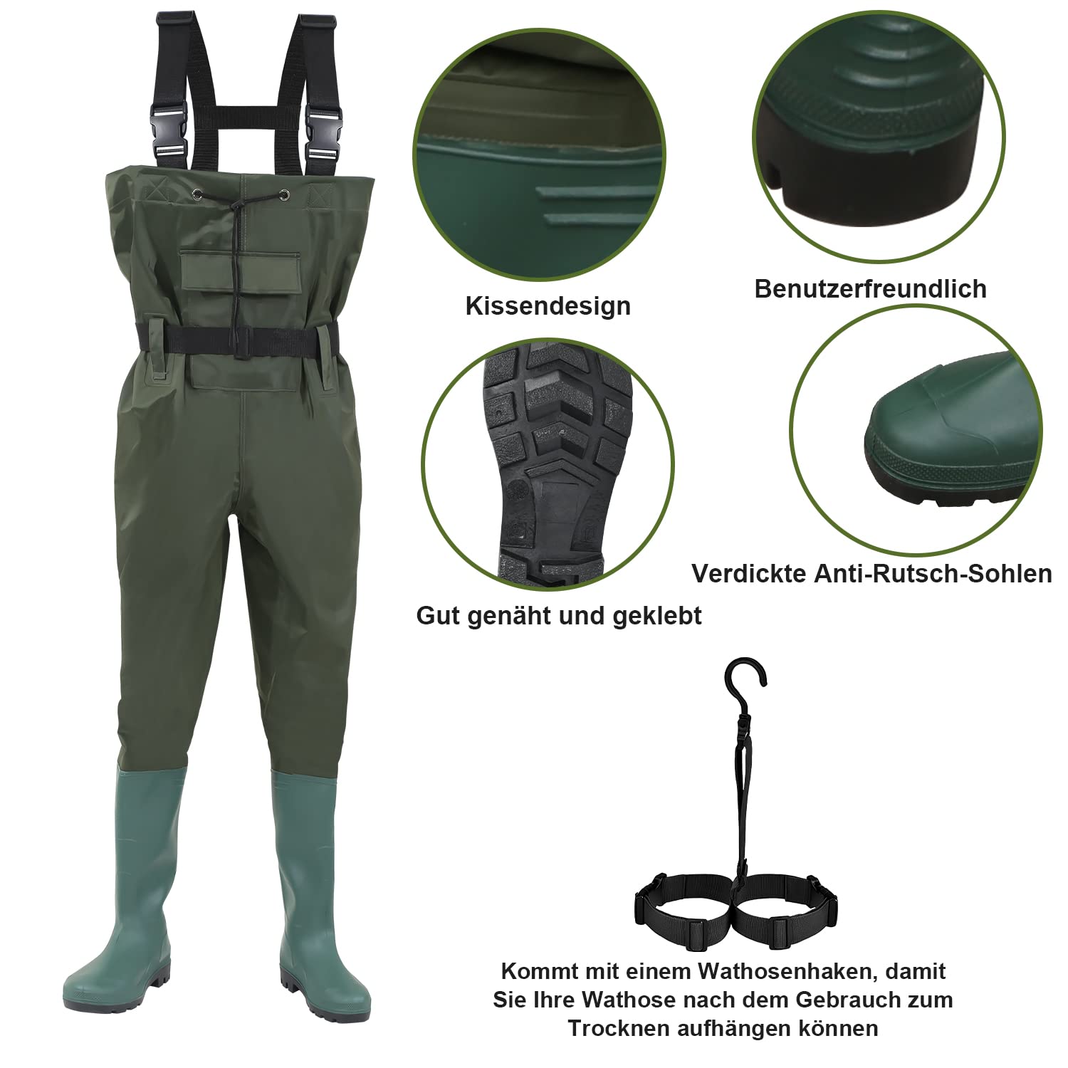 Waders, Waders étanches 70D Nylon Composite PVC Pantalon de pêche, avec Bottes en Caoutchouc antidérapantes, Pantalon de Bassin, Pantalon de Crue