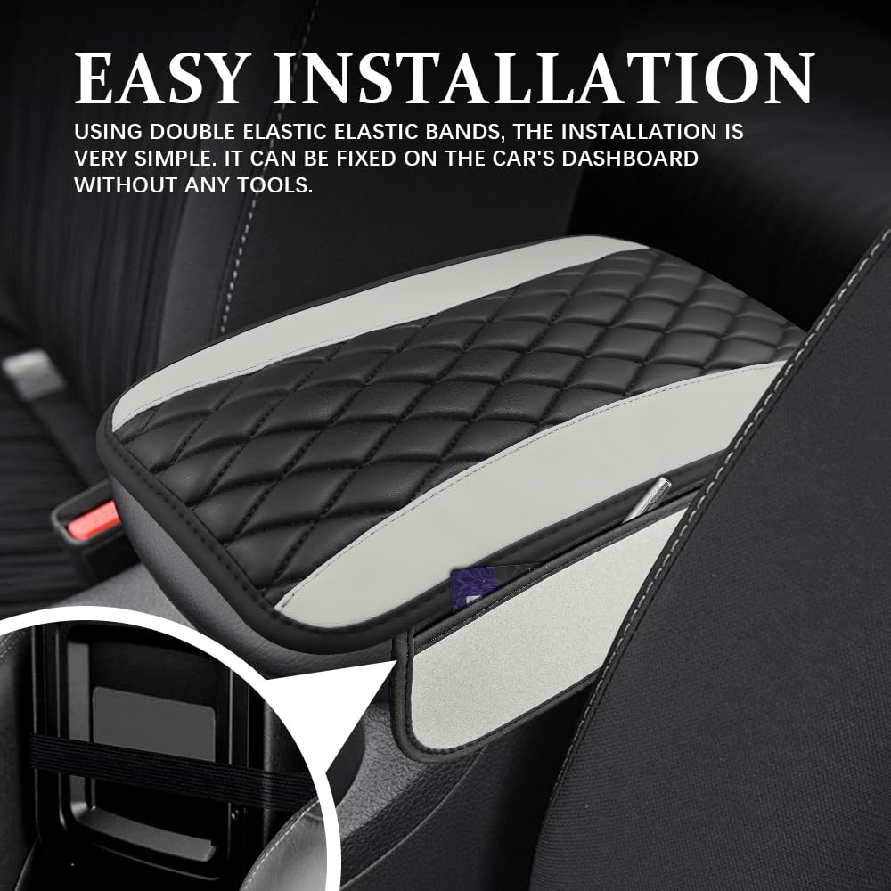 Copertura per console centrale auto, in pelle antiscivolo, cuscino decorativo per bracciolo auto, con 2 sacchetti portaoggetti, copertura protettiva universale per auto, camion, SUV (bianco)