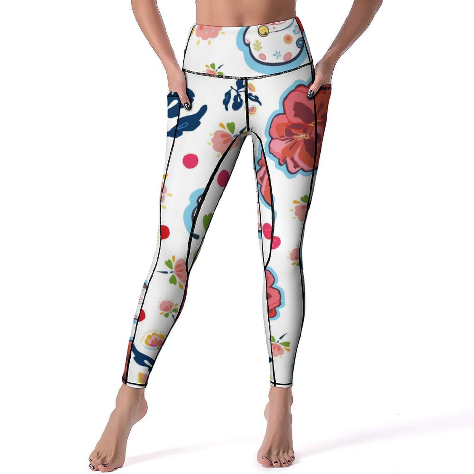Legging taille haute chat à fleurs pantalon extensible S - 7