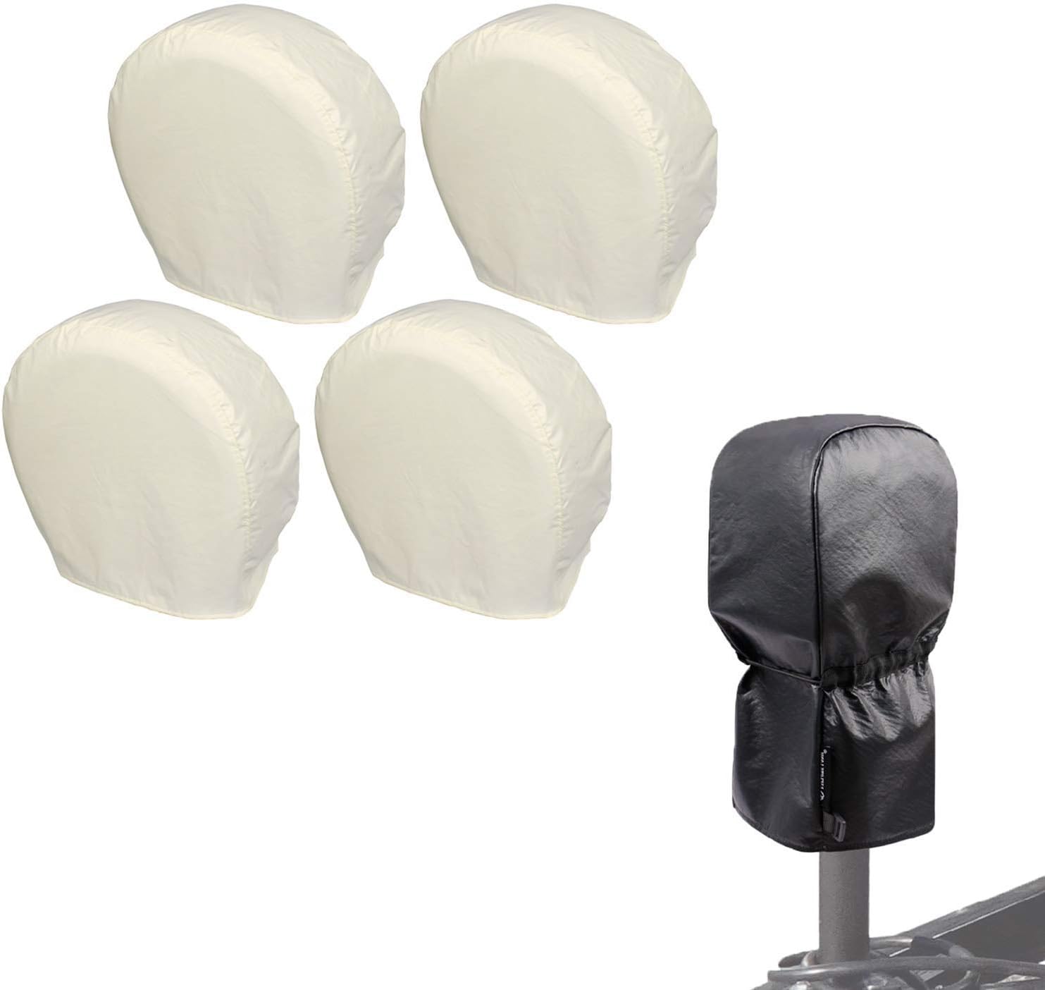 Explore Land Electric Tongue Jack Cover Bundle with Tire Covers 4 Pack (Universal fits Tire Diameter 26-28.75 inches, White)