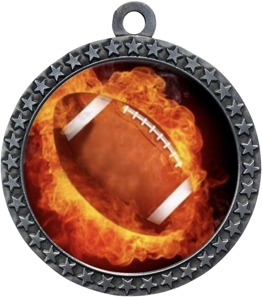 10 Pack of Flame Football Silver 2.25 Inch Medals Trophy Awards with Red White Blue Neck Ribbons D212S-EMFCL802-10PK