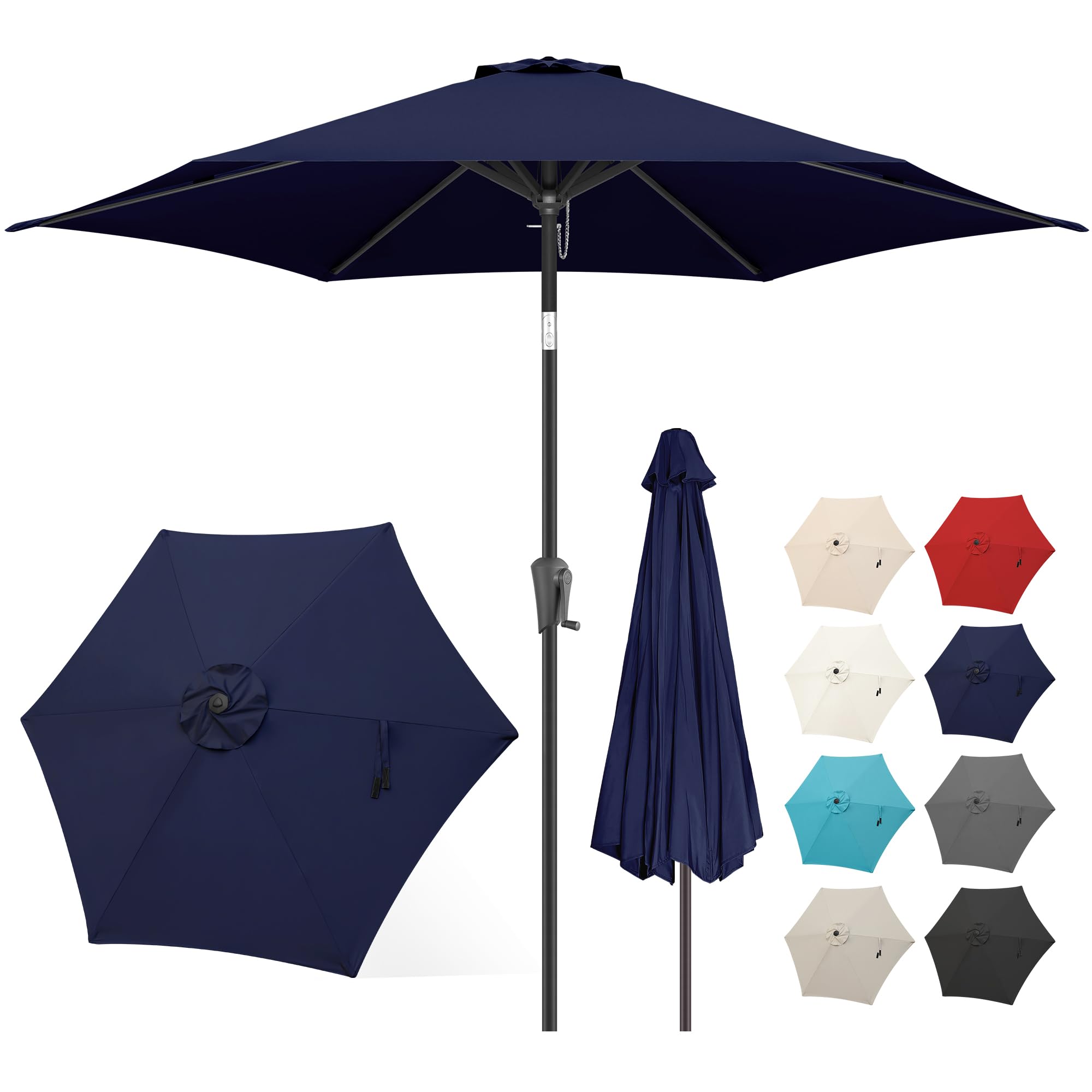flame&shade 11ft patio umbrella - outdoor umbrella with 6 sturdy ribs, push button tilt and crank, uv protection table market umbrella for pool, porch-garden, deck, backyard (navy blue)