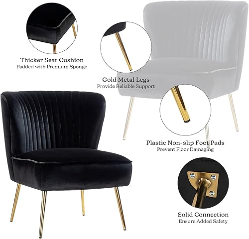 Miniatura 4 de Tina's Home Silla decorativa de terciopelo sin brazos, silla auxiliar pequeña tapizada moderna con patas doradas, cómoda y bonita silla con respaldo