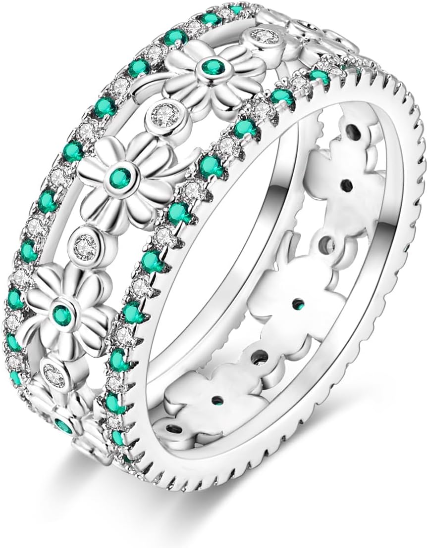 925 Sterling Silver Ring Moon Star Ring as Gifts for Women Colorful Cubic Zirconia Crown Ring Stackable Vintage Set Size 6-9
