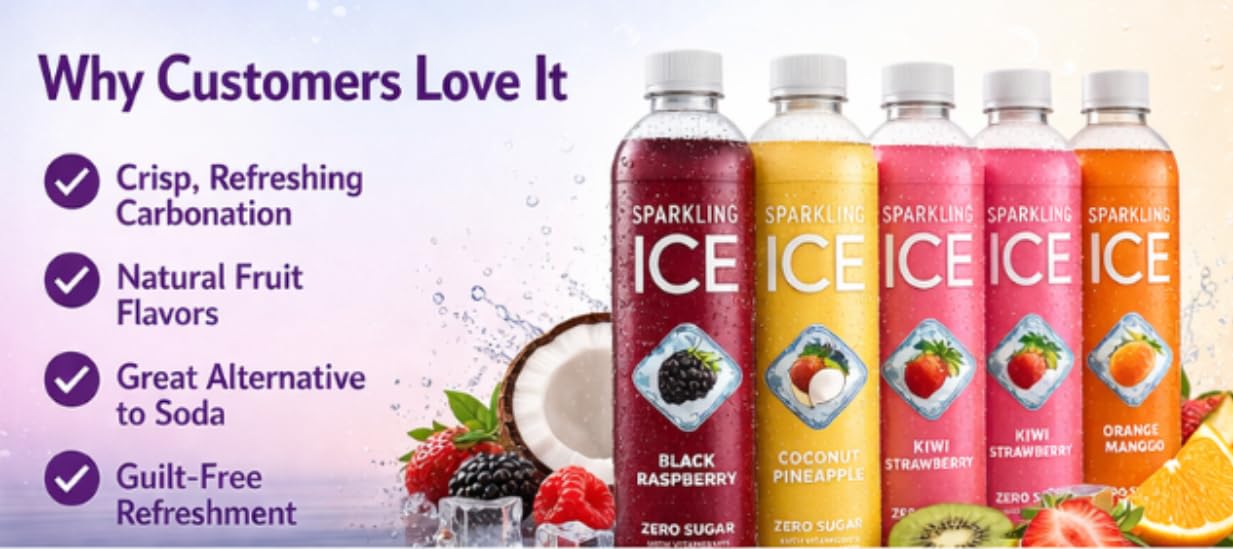 Sparkling Water Variety Pack, Flavored Water, Zero Sugar, with Vitamins and Antioxidants, 17 fl oz, 12 count (Black Raspberry, Coconut Pineapple, Orange Mango, Kiwi Strawberry)