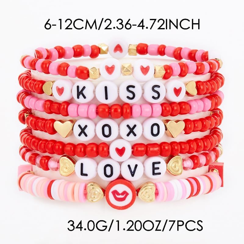 COLORFUL BLING Holiday Surfer Heishi Valentine's Day Bracelets Love Heart Charm Bracelet Cute Pink Red Stackable Clay Beaded Stretch Bracelets for Women Valentines Accessories Jewelry - Image 2