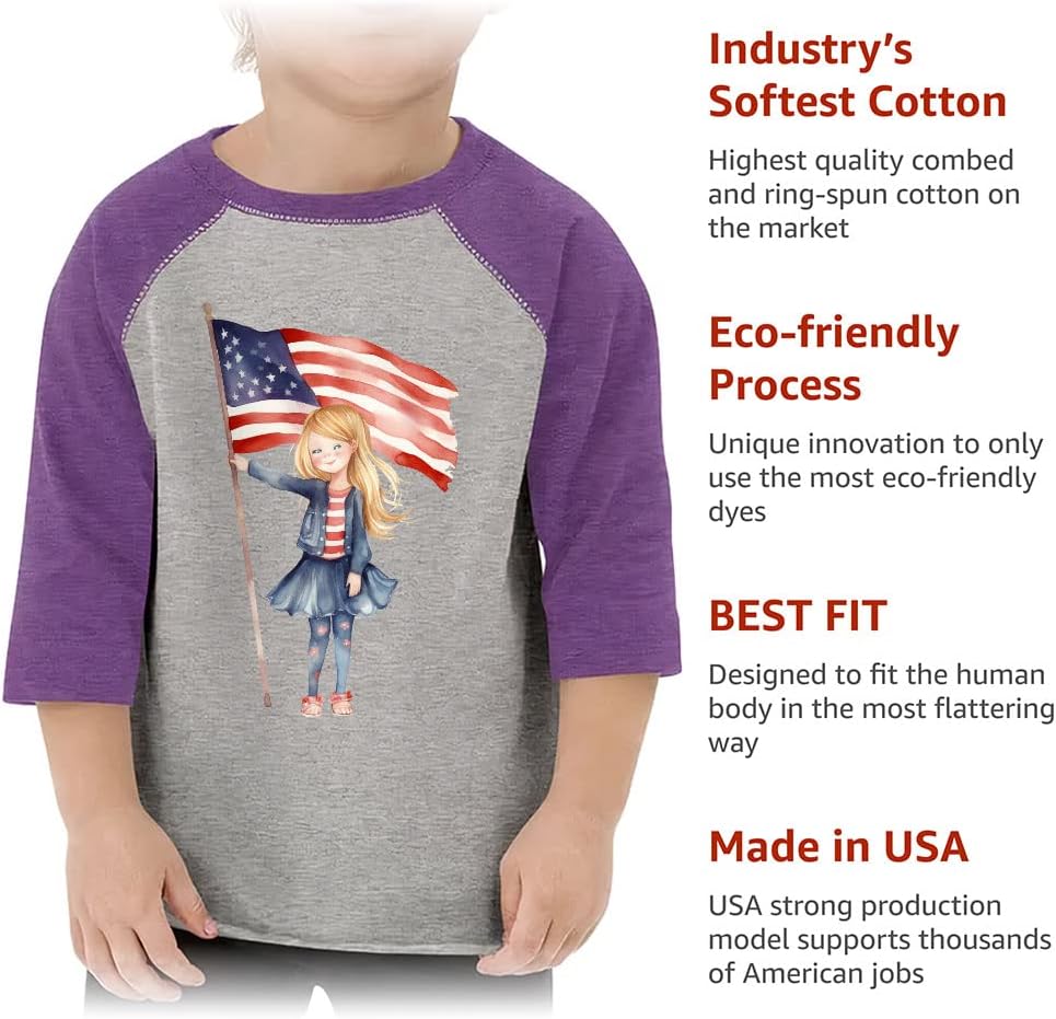 Cute Flag Toddler Baseball T-Shirt - Patriotic 3/4 Sleeve T-Shirt - Kawaii Kids' Baseball Tee