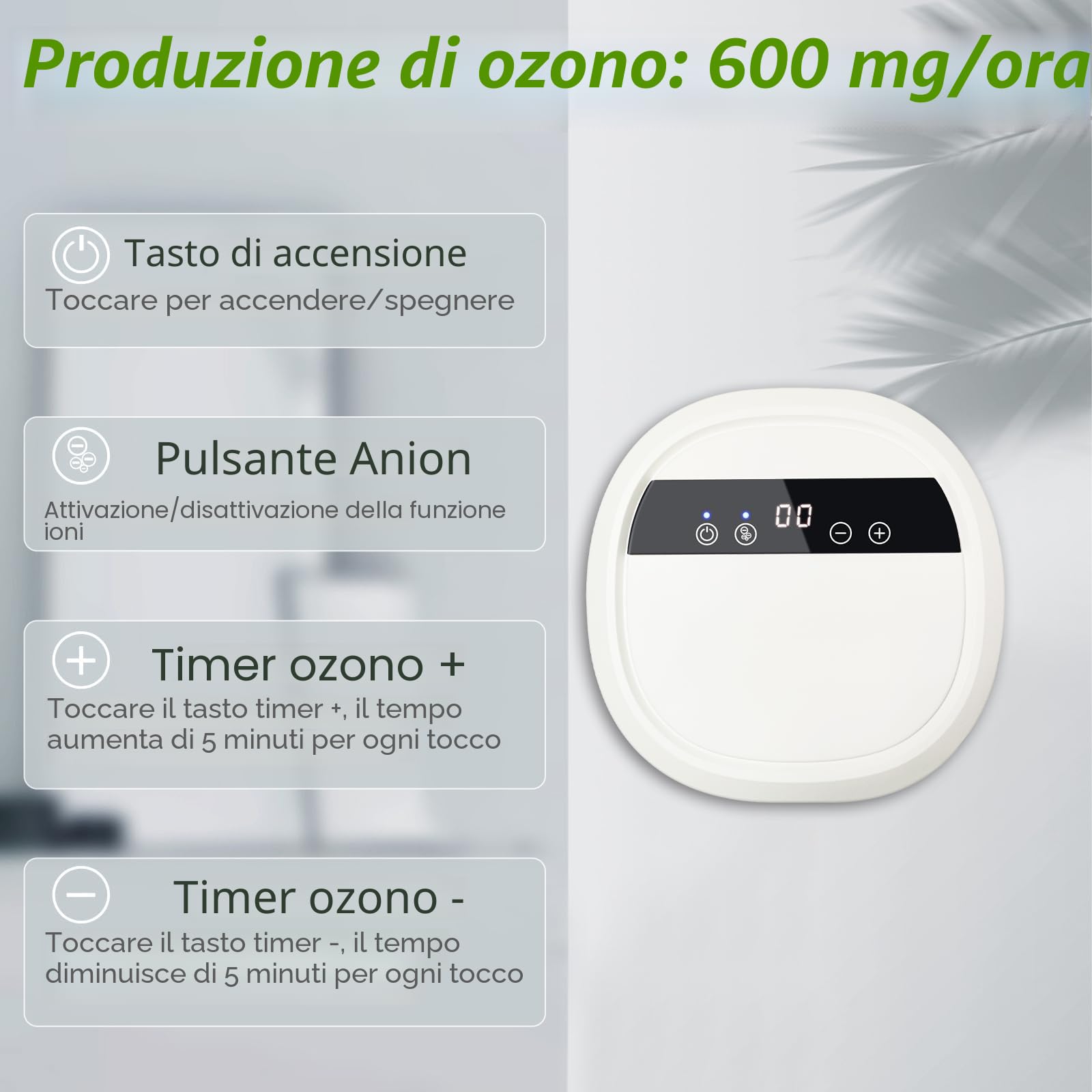 Generatore di Ozono per acqua e aria, Purificatore d'aria a ioni negativi Ozonizzatore, Purificatore ozono pulisci frutta verdura e carne, rimuovi l'odore per casa e auto con 12V adattatore - 600 mg/h