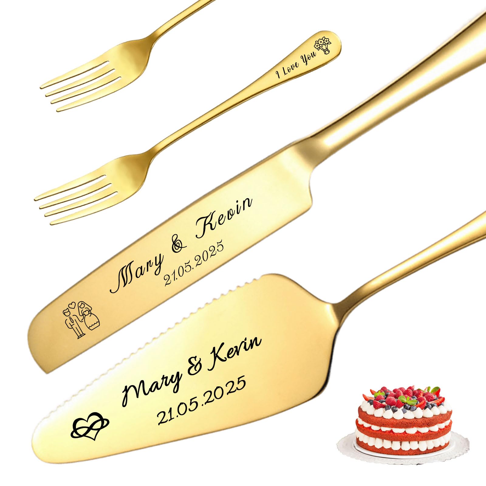 Personalized Cake Cutting Set for Wedding with Names Text Custom Cake Knife and Server Set for Newlyweds Weddings Anniversaries and Special Occasions (Gold Cake Knife)