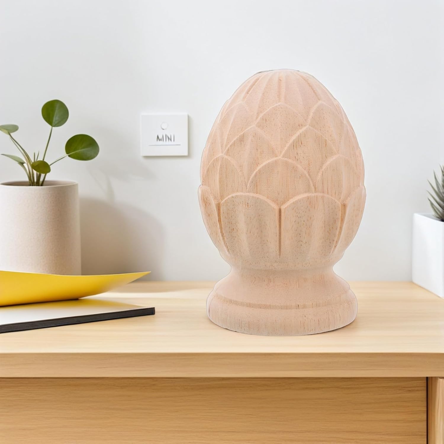 LOGOFUN Carved Wooden Pineapple Newel Post Caps Unfinished Staircase Finial Replacement for DIY Home Commercial Furniture Decoration - 10 * 16cm
