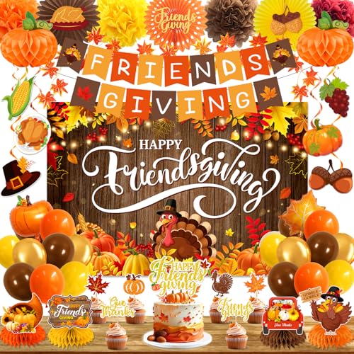 Friendsgiving Decorations Set, Friendsgiving Party Decorations Include Happy Friends Giving Banner, Backdrop, Balloons, Cake Toppers, Hanging Swirls and Honeycomb for Home Office Decor