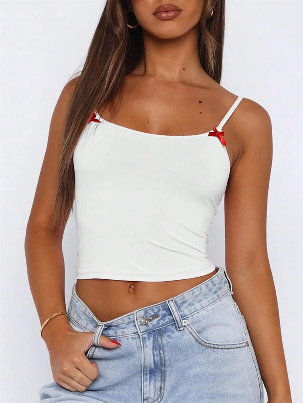 Women Spring Summer Casual Cute Bow Vest Backless High Elasticity Adjustable Pleated Cut