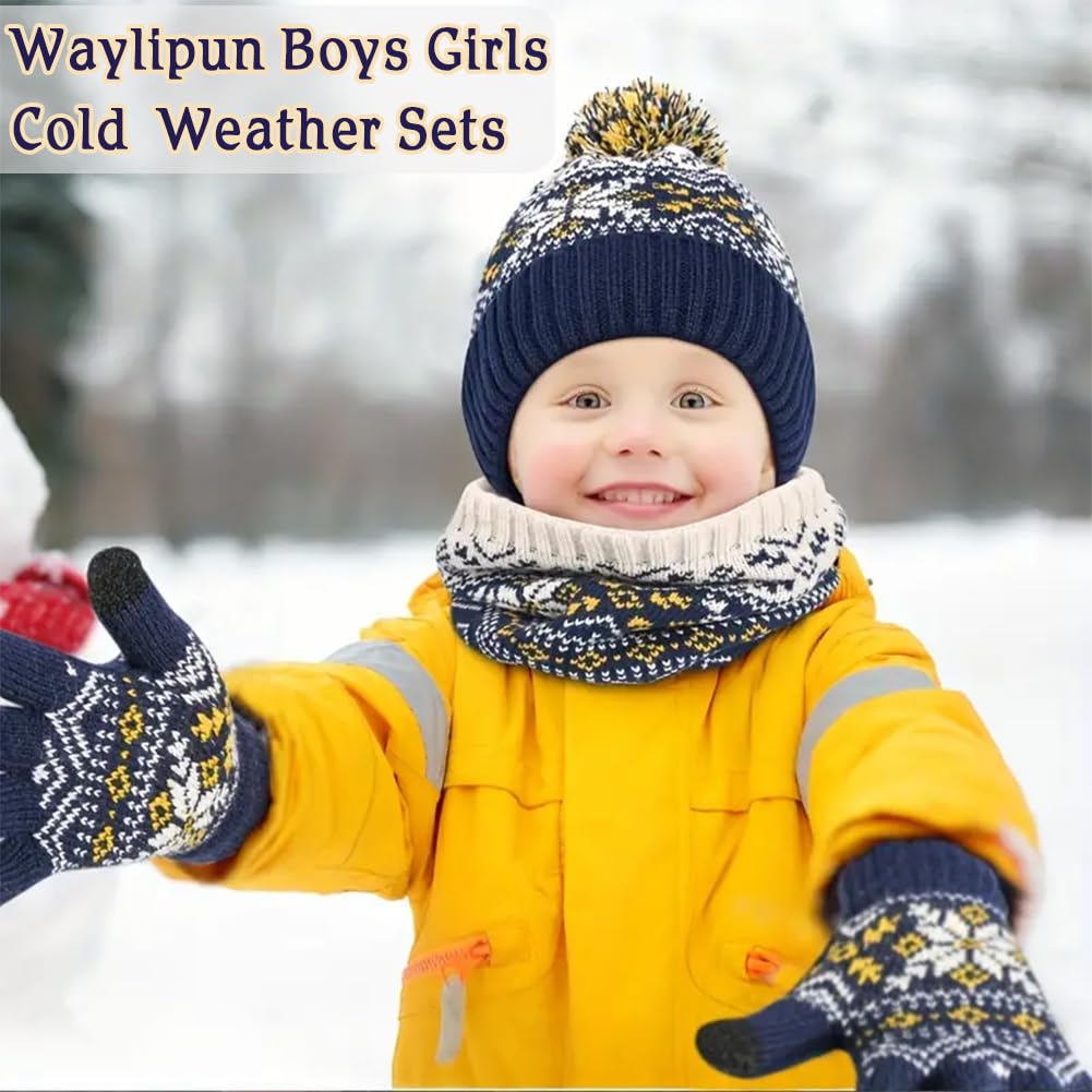Ensemble de Bonnet Echarpe Gants Hiver pour Enfants de 2 à 7 Ans avec Doublure Double Épaisseur, Bonnets Tricotés avec Pompon et Snood Gant pour Garçons Filles