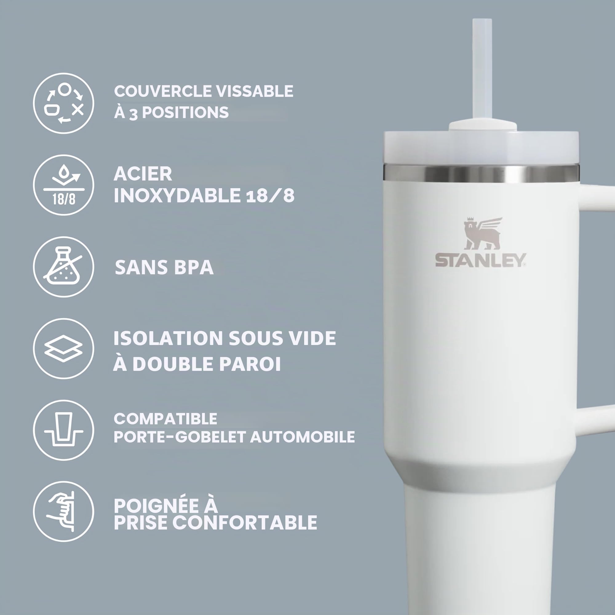 STANLEY Quencher H2.0 FlowState Gobelet isotherme en acier inoxydable avec couvercle et paille pour eau, thé glacé ou café, smoothie et plus encore, pomelo, 591 ml