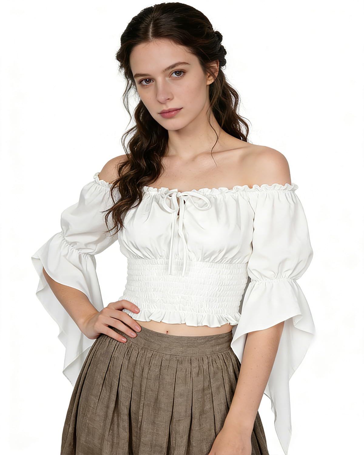 Photo 1 of L'VOW Women's Renaissance Peasant Blouse Victorian Ruffle Top White Off Shoulder Trumpet Sleeve Top,White,S