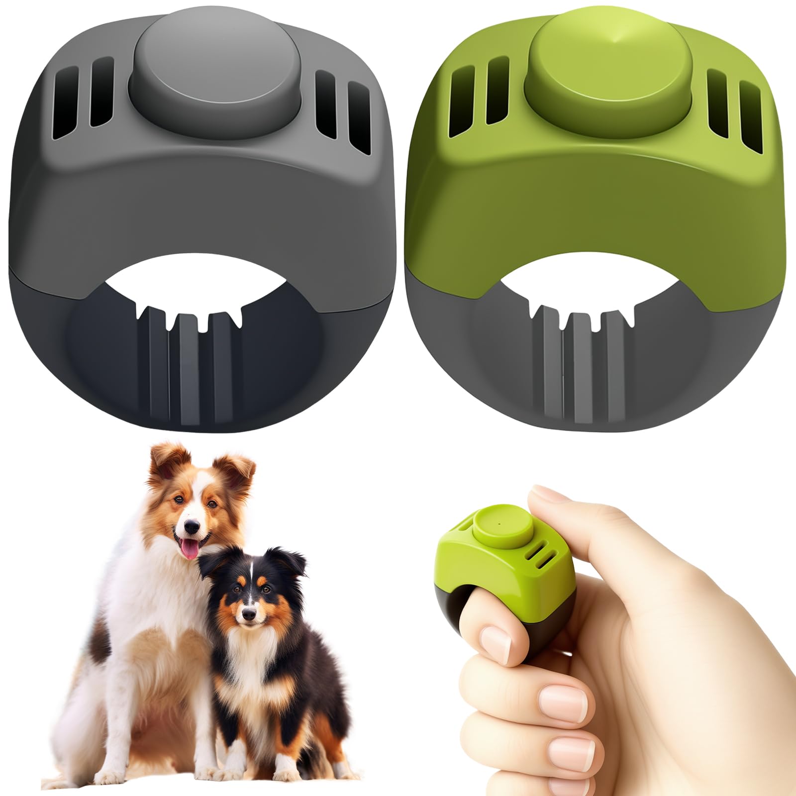 2 Clicker Chien Dressage avec Anneau 19mm/21mm, Clicker pour Chien en Vert & Gris, Clicker Chien pour Dressage Chiot, Éducation & Rappel