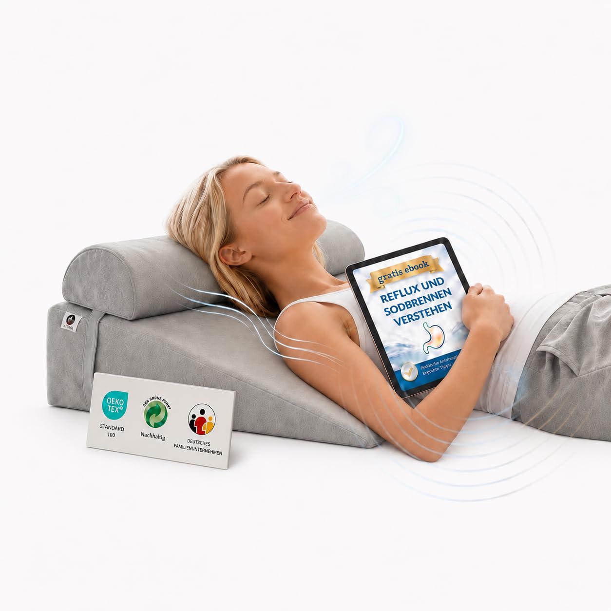 Keilkissen Bett mit Nackenrolle – Reflux Kissen Erwachsene gegen Sodbrennen & Schnarchen, Ergonomischer Matratzenkeil für erhöhte Schlafposition, besseren Schlaf & Rückenentlastung