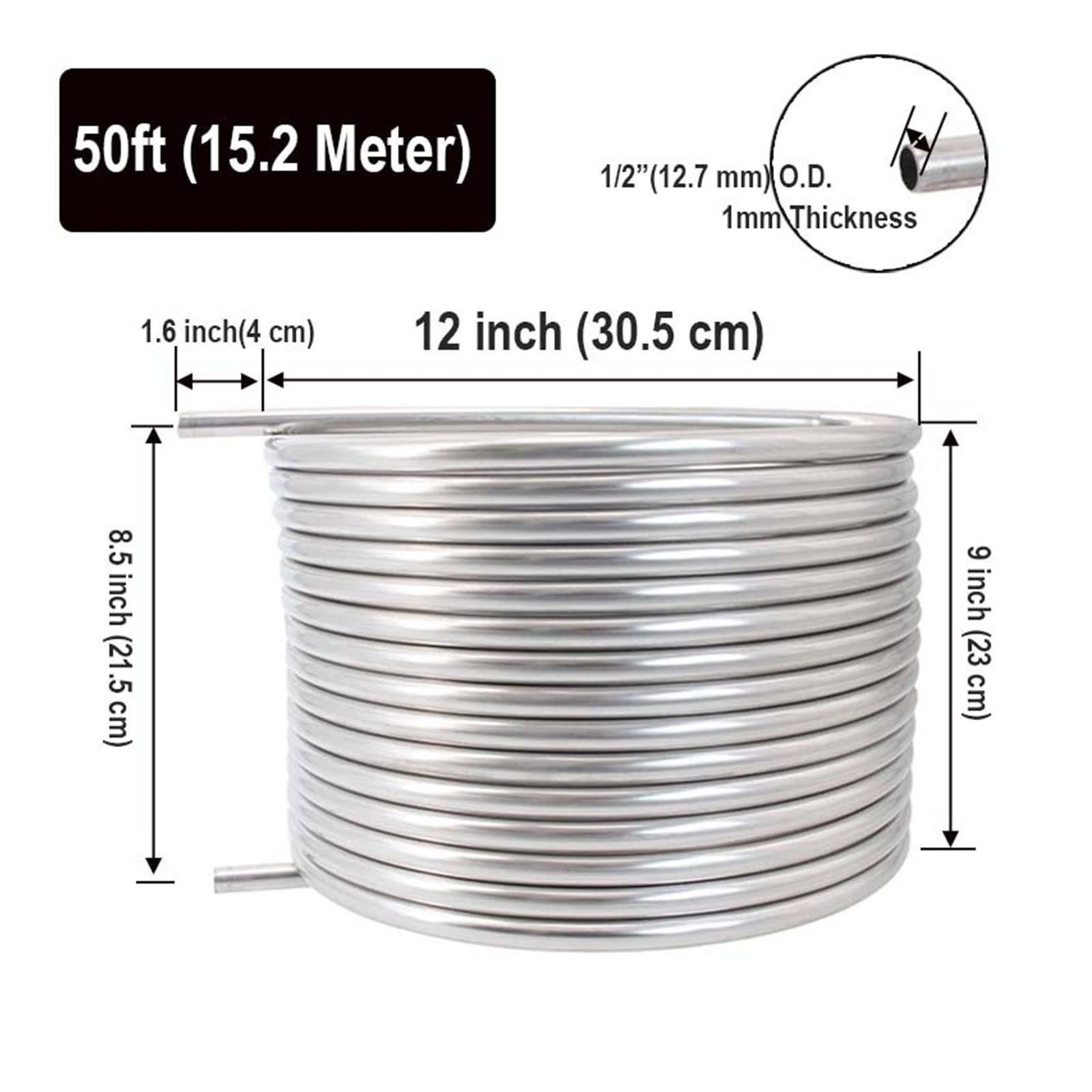 Échangeur de Chaleur 1,5 "Tri-clamp 50 pieds (15 m) en acier inoxydable Échange de chaleur purée puil recirculation 10" / 12 "de diamètre 1/2 "Od Tumeurs mille à cuire la maison(12 inch Diameter)