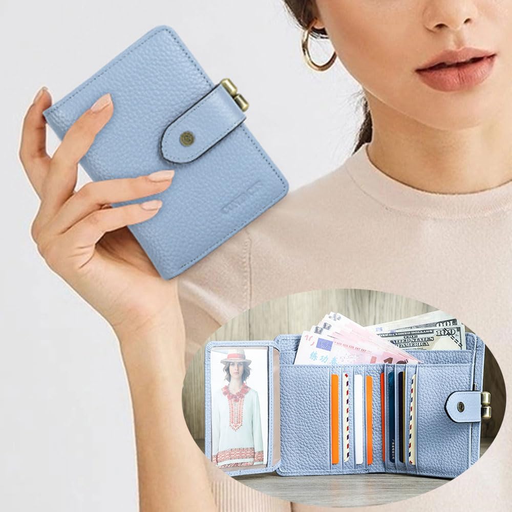 CONTACTS Full Grain Leather Kiss Lock Wallet for Women Kiss Clasp Coin Purse Vintage Bifold Card Wallet with Rfid Blocking (Blue)