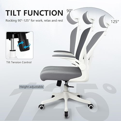 Miniatura 3 de Silla de oficina ergonómica, sillas de escritorio de oficina en casa con soporte lumbar, reposacabezas 3D y brazos abatibles, silla trasera de malla