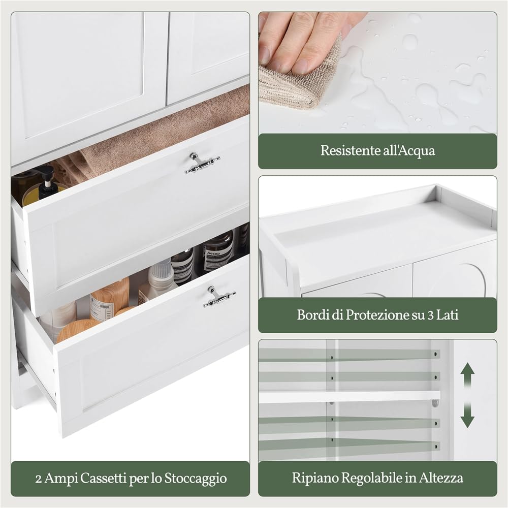 Yaheetech Mobile da Bagno Armadietto Autoportante in Legno Due Ante e Due Cassetti Ripiani Regolabili Mobiletto Bagno Multiuso per Soggiorno Salotto Cucina Sala da Pranzo 60x30x115 cm Bianco
