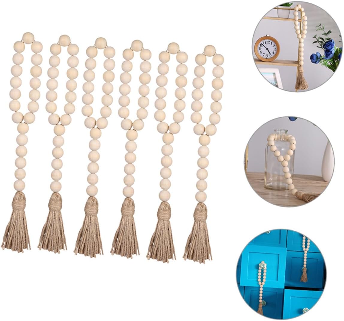 6pcs Wood Bead Garland Tassel Rustic Farmhouse Decoration for Wall Hanging Beaded String Accent for Home Decor Quality Wood Beads and Tassels