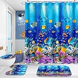 Poedist 4-teiliges Badezimmer-Duschvorhang-Set, Kinder-Badezimmer-Set, Duschvorhang-Sets mit Teppichen (Badmatte, U-Form und WC-Deckelbezug) und 12 Haken, blaues Unterwasserwelt-Geschenk