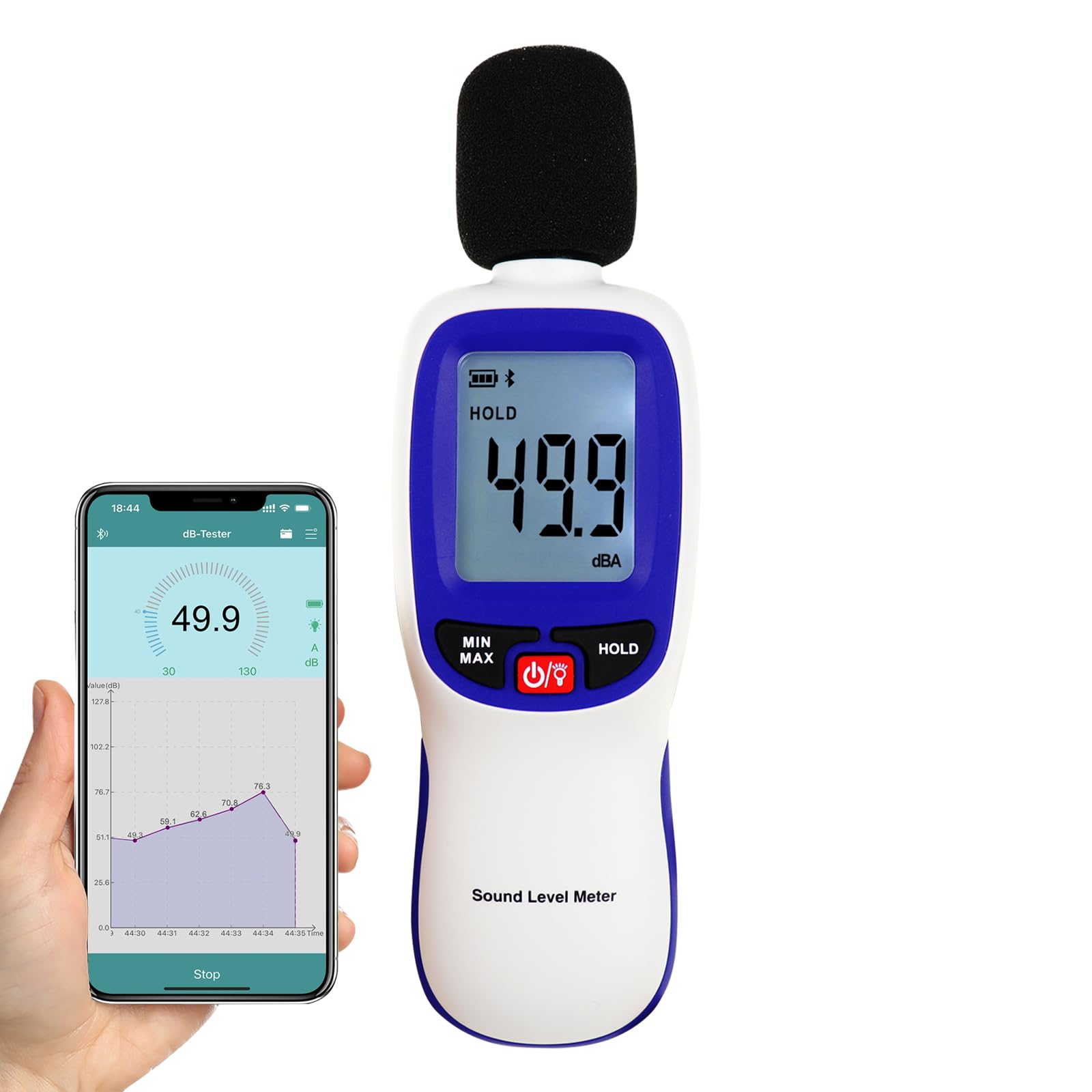 Decibel Meter Bluetooth Digital Sound Level Meter with APP Datalogger, 30-130dBA Wireless SPL Meter Recorder with 20,000 Records, Alarm, Max/Min/Hold – Noise Tester for Home, School, Factory and etc.