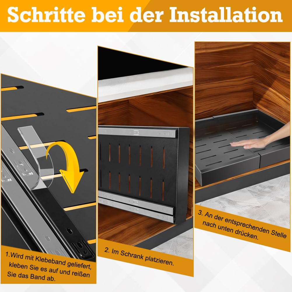 2 Stück Teleskopschublade, Ausziehbare Schublade, Küchenschrank Organizer | für Küchenschränke, Schubladen Aufbewahrungsregale (32–48 cm B x 42 cm T x 6 cm H), Kein Bohren und Nageln Erforderlich
