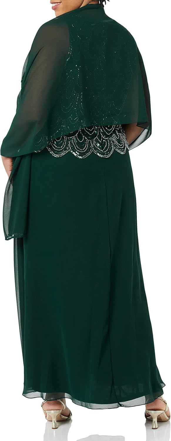J Kara Women's Plus Size Sleeveless Beaded Pop Over Long Dress with Scarf
