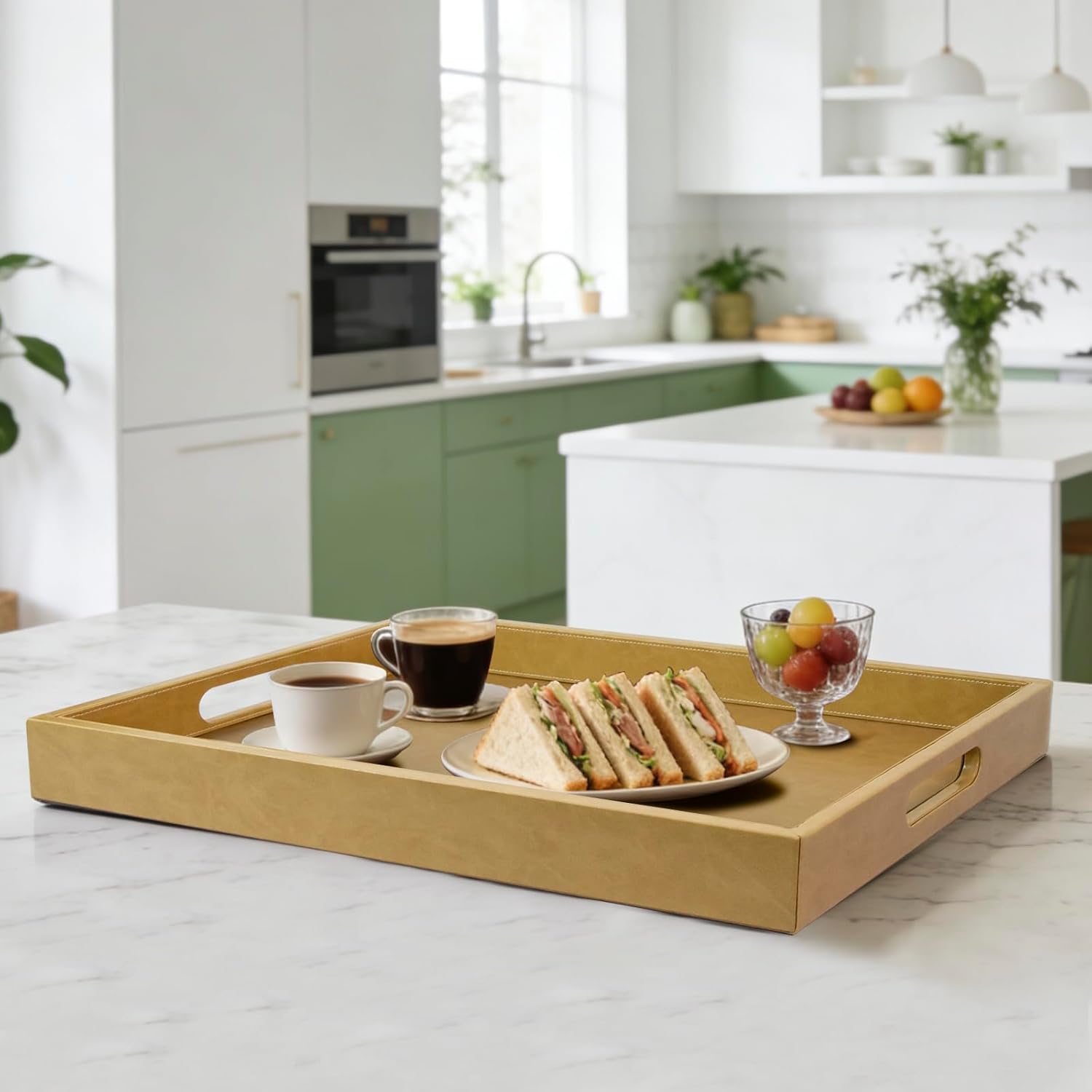 20 * 14 inches Leather Rectangle Serving Tray with Hole Handles,High-End Light Large Service Tray for Ottoman Tray, Tea, Food, Butler - Countertop, Kitchen,Family Dinner, Picnic (Brown) - Image 6