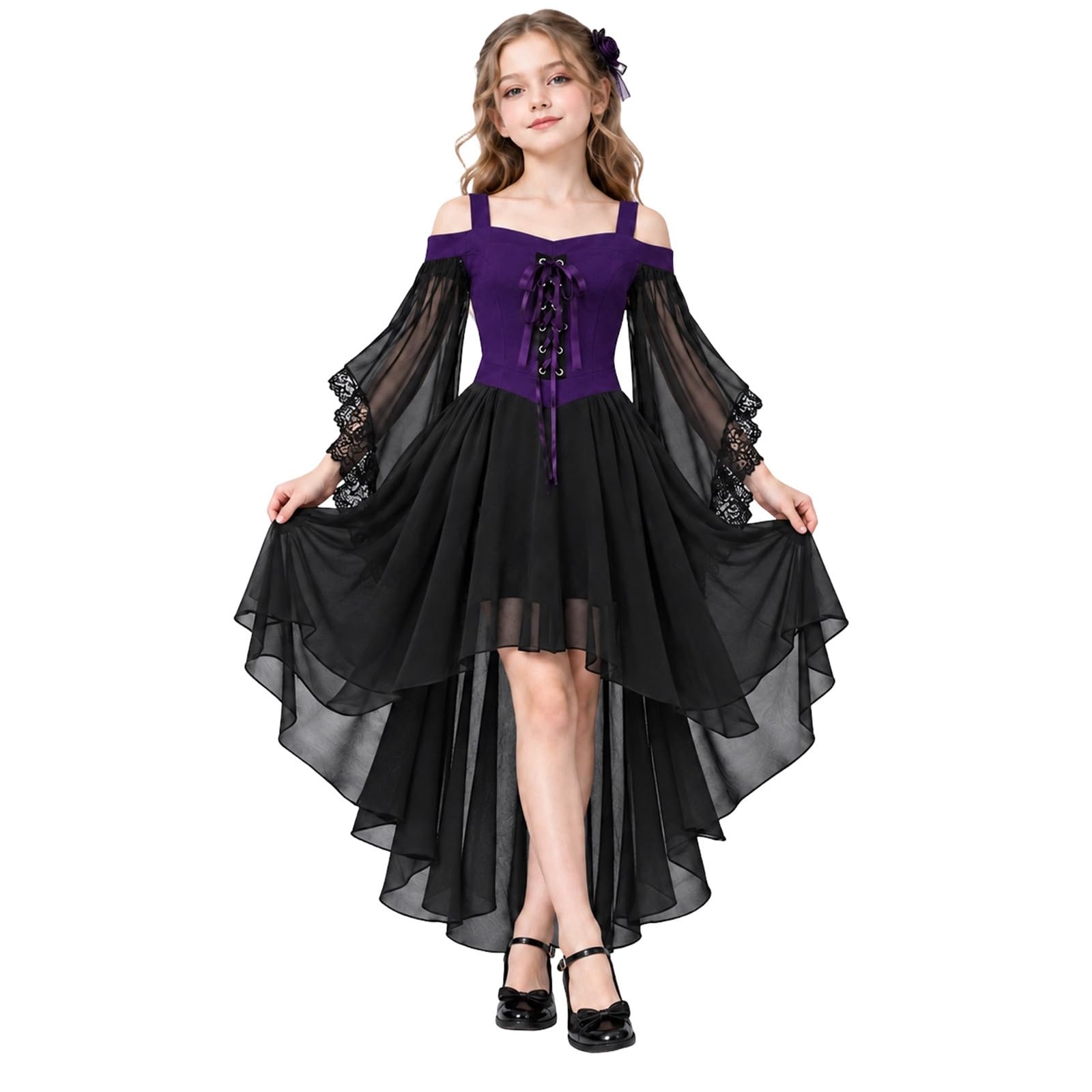 Girls Gothic Fancy Dress Costume Kids Halloween Witch Cosplay Outfit, Off Shoulder Lace Up Chiffon High LowSteampunk Dress with FlareSleeves for 7 8 9 10 11 12 13 Years (Dark Purple, 11-12 Years)