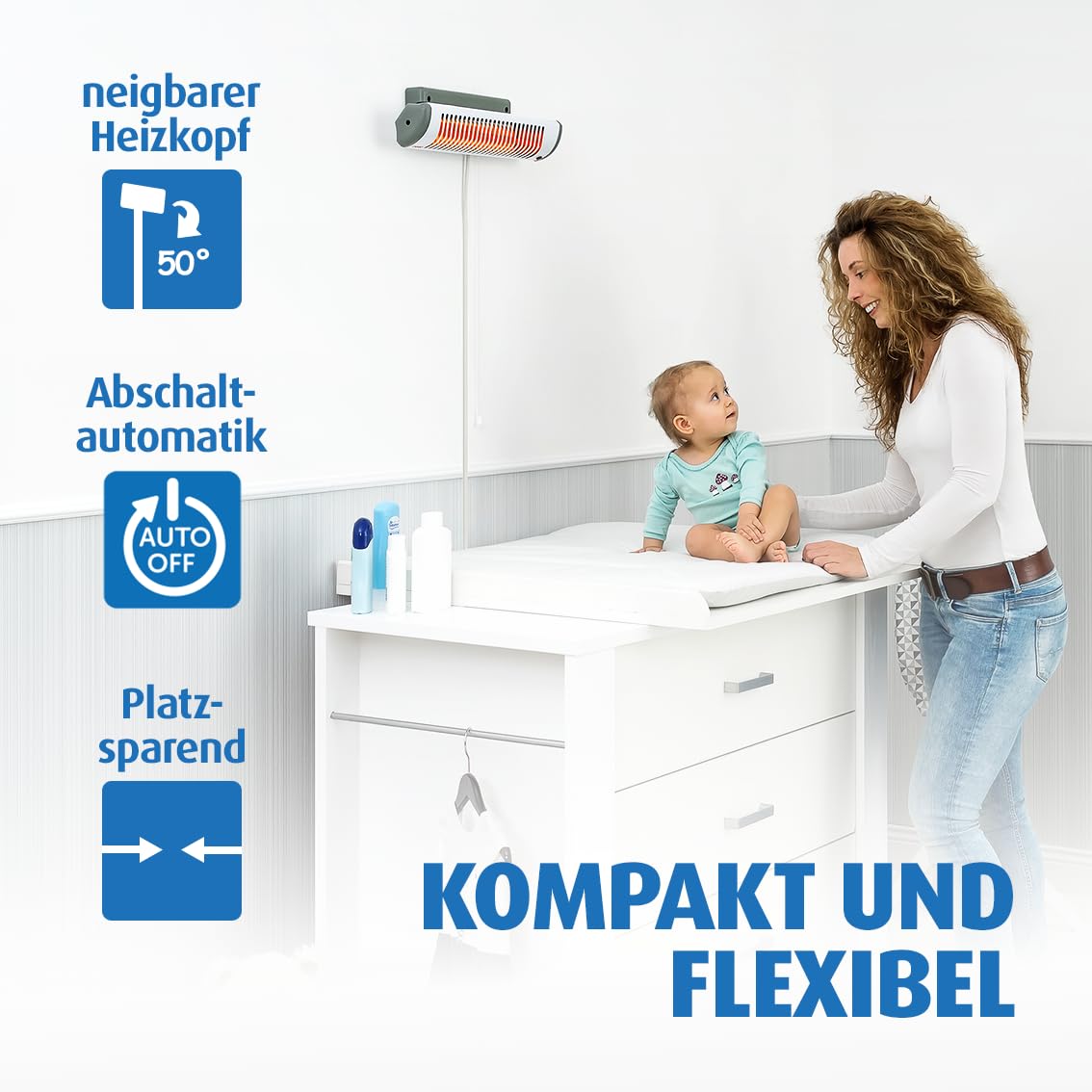 reer EasyHeat Wickeltisch-Wärmestrahler | Wand-Heizstrahler für den Wickeltisch | Wärmelampe fürs Baby | Baby Erstausstattung | 230V/500W | Weiß