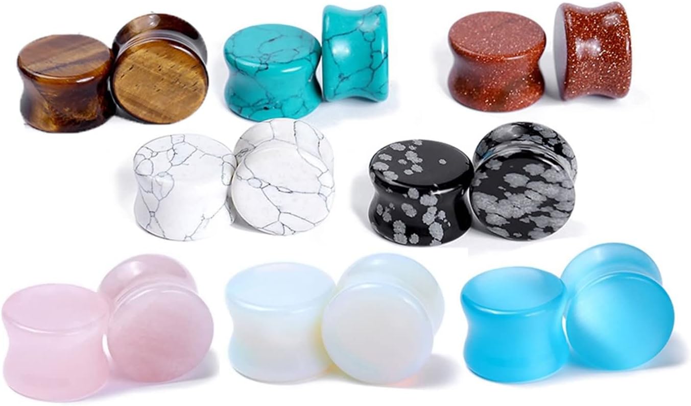 Piercing Jewelry 16 Pieces, Stone Ear Stretching Tunnel Plugs 00G(10mm), Multicolor Stone Ear Plugs and Tunnels