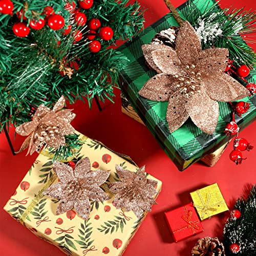WILLBOND 36 Pieces Christmas Glitter Poinsettia Flowers Faux Flowers Wedding Glitter Christmas Tree New Year Ornaments (Rose Gold)