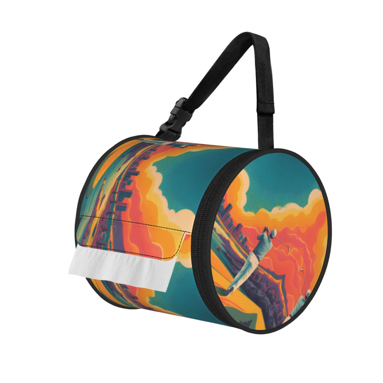 Golf Course Printed Cylindrical Tissue Bag Portable Oxford Cloth, Foldable Travel Tissue Holder With Zipper And Adjustable Belt