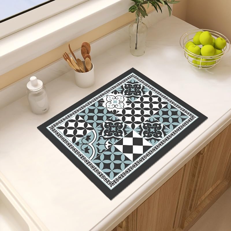 Image of HomeCloud Super Absorbent Dish Drying Mat for Kitchen Counter - Non-Slip, Heat-Resistant Rack Pad - Hides Stains, Ideal for Dishes, Coffee Maker, and Kitchen Appliances (Morrocan Navy, 50x40 cm)
