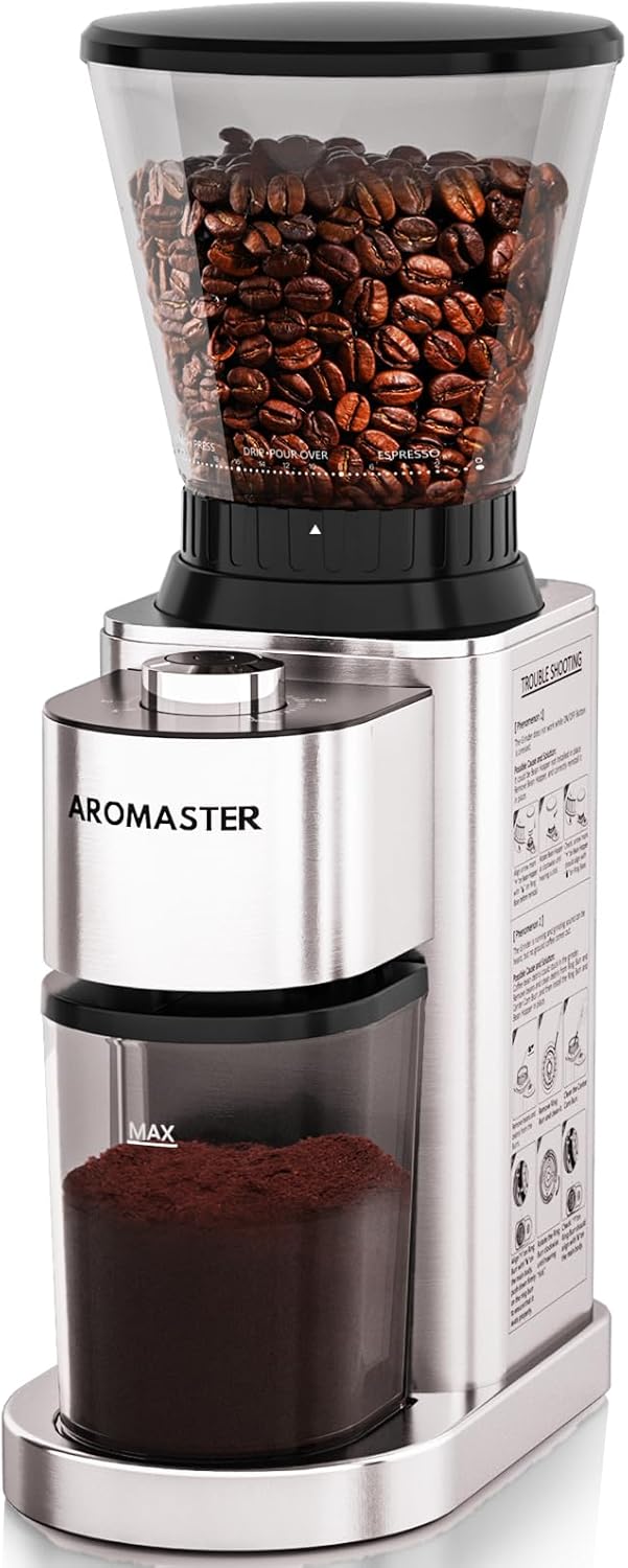 Aromaster Coffee Bean Grinder with 48 Gind Settings, Conical Burr Coffee Grinder for Home Use,40 Seconds Adjustable Timer,Anti-static,Stainless Steel