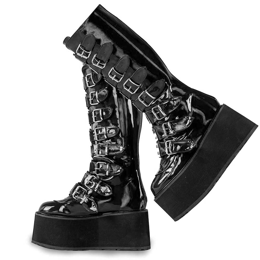 Womens Goth Platform Wedges Knee High Boots Metal Buckle Chunky Heel Round Toe Zip Punk Combat Boots For Women Punk Combat - 13.5 B-patent Black