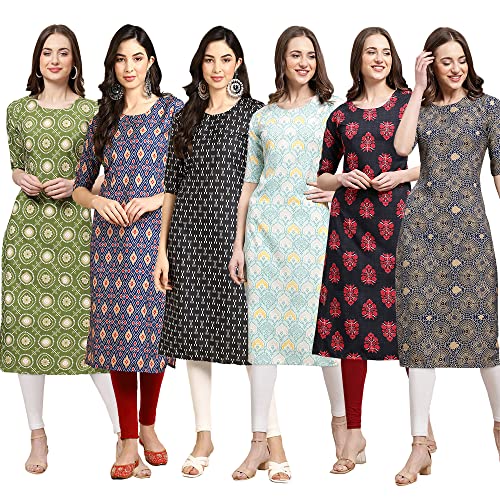 Image of Pinkmint Women's Crepe Digital Print Straight Kurta Pack of 6 [CR-336-370-344-343-328-366]