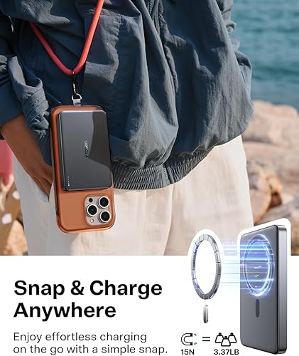 Miniatura 4 de TORRAS MiniMag Power Bank, cargador portátil inalámbrico magnético ultradelgado de 10,000 mAh, batería MagSafe de carga rápida de 22.5 W, diseñada