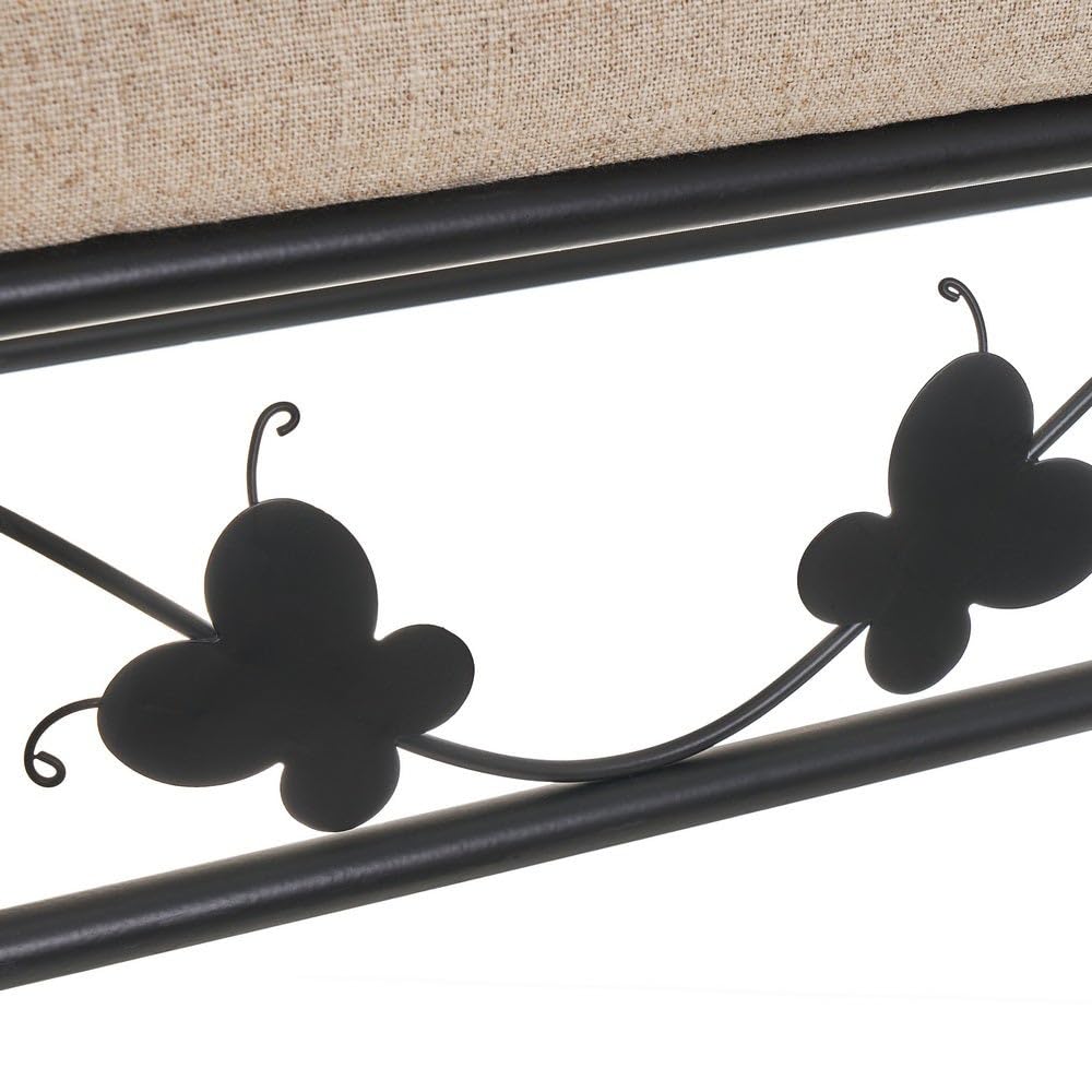 LOLAhome Banqueta para pie de Cama de Metal Negro y Asiento de Lino Beige | Taburete para dormitorio o vestidor de 68cm de largo y 30cm de ancho. Altura asiento 46cm. Altura total 64cm